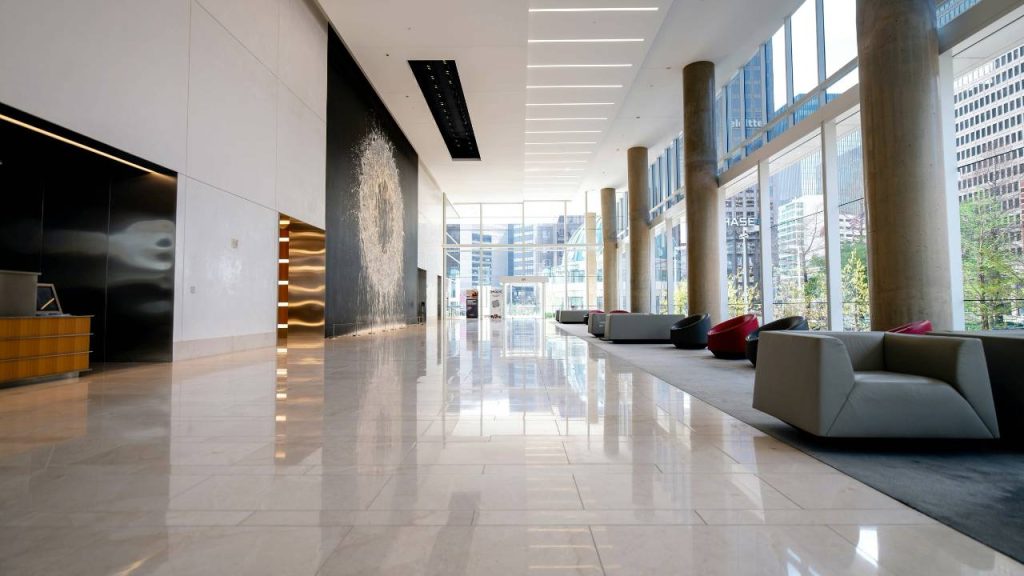 Reflective stone flooring inside a modern building