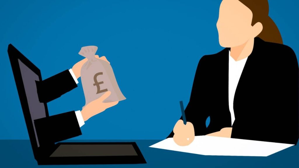 An abstract illustration depicting a woman receiving her salary digitally